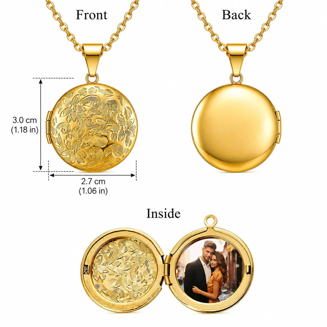 Personalized Custom Photo Locket Necklace for Women Men, Engraved Round Picture Pendant, Gold Silver Memorial Jewelry Gift view 2