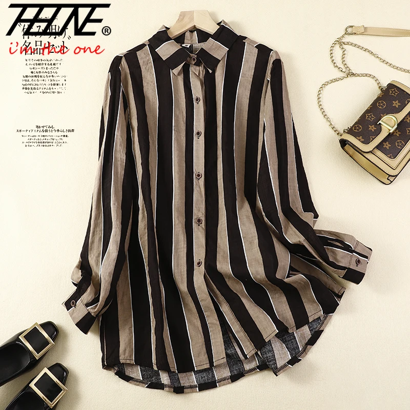 

THHONE New Summer Fashion Woman Blouse 2025 Striped Long Sleeve Turndown Collar Vintage Loose Casual Blusa Mujer Camisas Shirts
