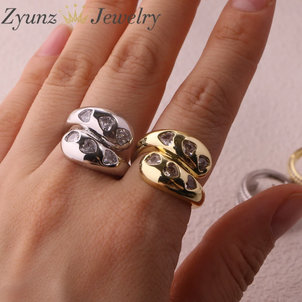 5pcs, White Zircon Heart Geometric Shape Copper Rings For Women Adjustable Aesthetic Wedding Ring Female Jewelry