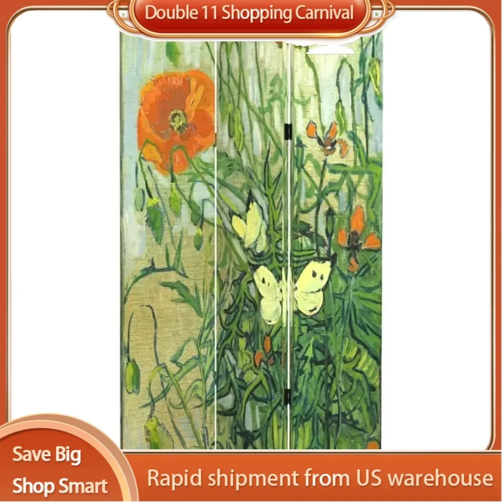 Room Divider Wood Privacy Screens Van Gogh's Butterflies and Poppies Painting Canvas 3-Panel Foldable Portable Separating