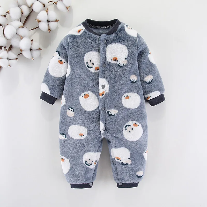 Autumn Winter Newborn Baby Clothes Dinosaur Print Baby Boy Romper Warm Infant Baby Boy Girl Soft Fleece Jumpsuit Pajamas