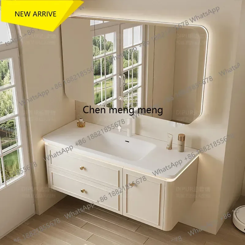 D132 Modern Bathroom Cabinet Corian Integrated Ceramic Basin Oak Painted Cabinet French Premium Toilet Hand Wash Basin Combinati