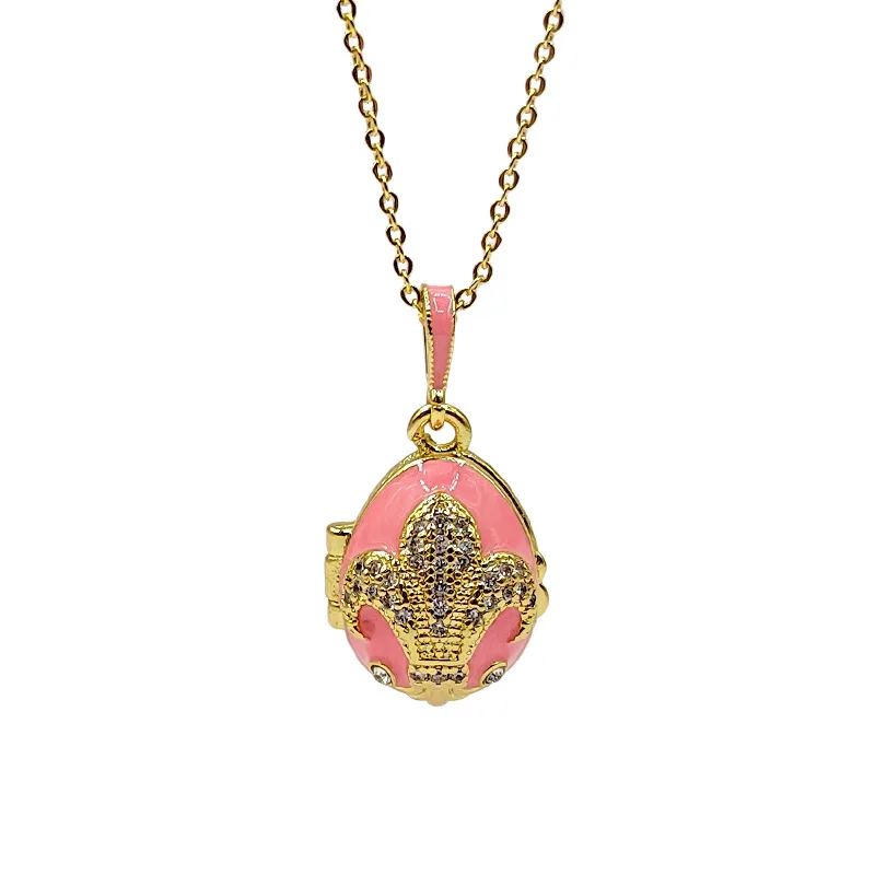 Enamel crown Faberge Easter Egg Pendant Necklace Jewelry Locket Vintage Angel Inside Christmas Present Thanksgiving Day Gift