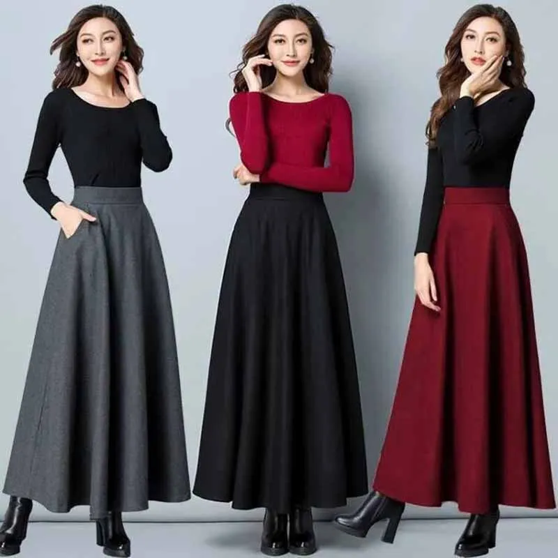 Jupe trapèze longue en laine pour femme, jupes longues monochromes, streetwear tout assressenti, taille haute, vintage, chaud, optique, femme, automne, hiver
