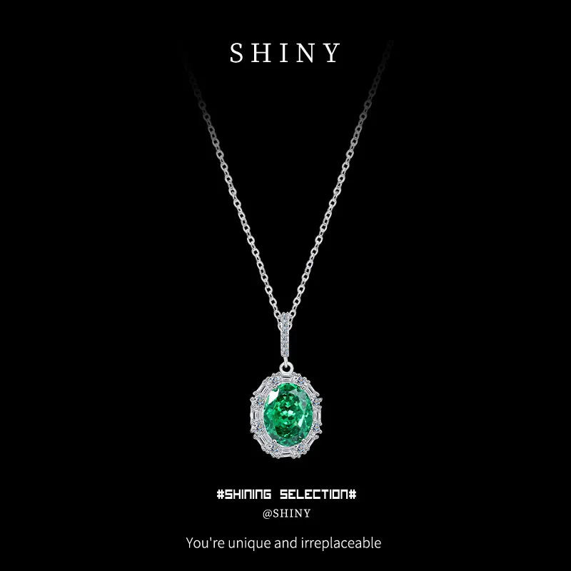 

S925 Серебряное ожерелье-эллипс с каплями воды и высокоуглеродистым бриллиантом 8А, зеленый полный бриллиант, кулон, изумрудный дизайн, Рождественский подарок