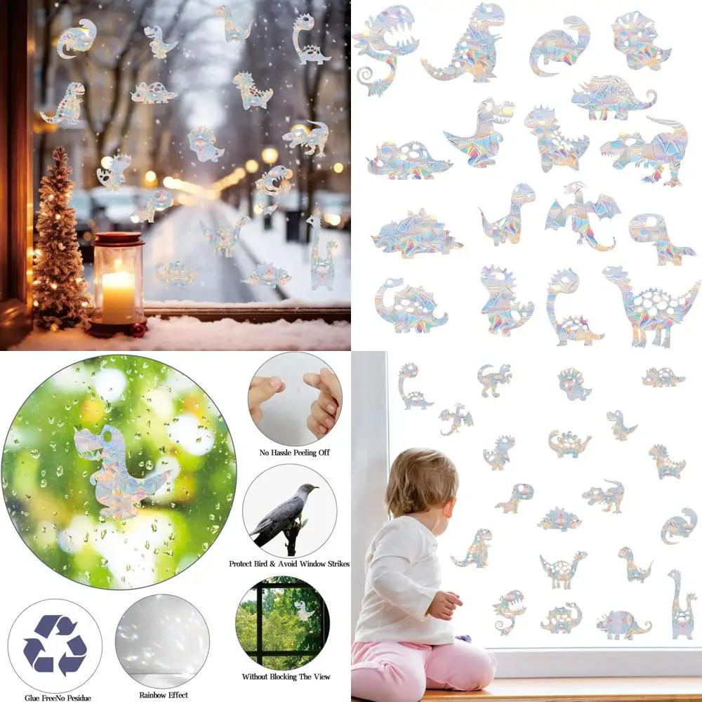 

40PCS Dinosaur Window Clings - Crash Proof Decals Protect Birds, Non-Adhesive Prism Vinyl Clings, Rainbow Sticker