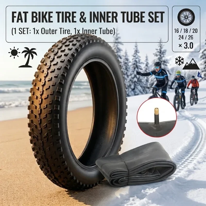 1Set 16/20/24/26x3.0 Fat Bike Tire And AV32mm Inner Tube Snow Beach Bicycle Tyres Anti-Slip MTB E-Bike Cycling Replacement Parts