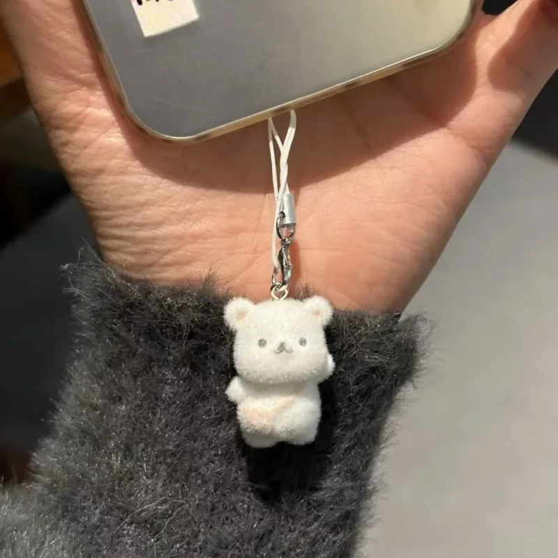 3D Flocking Cute Shoulder Bag Bear Keychain Mini Kawaii Girls Cartoon Animal Plush Resin Pendant for Phone Car Accessories Gift