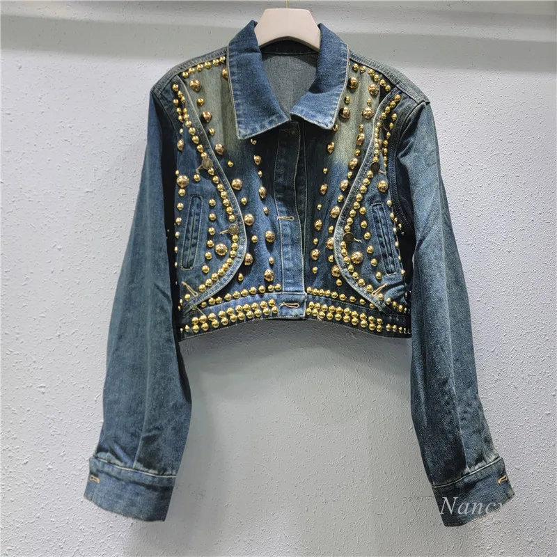 

Autumn Heavy Industry Beads Denim Jacket Women's Handsome Short Long-Sleeved Blue All-Match Fashion Jean Coat Denimwer Top 2024