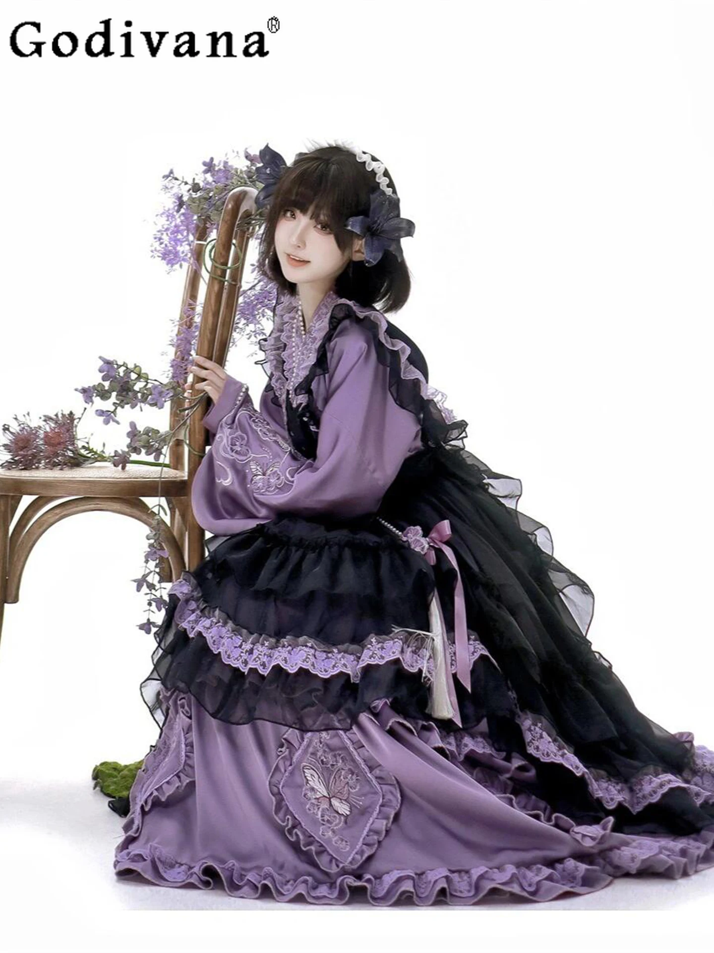 

Japanese Original Retro Elegant Lolita Dress Dress Flower Marriage Daily Cos Comic Show Sweet Cool Girl Flared Sleeve Dresses