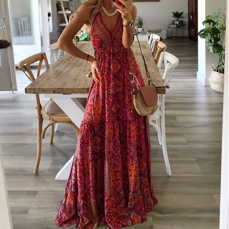 2024 Spaghetti Strap Dresses For Women Vintage Printed Bohemian Style Beach Dress Fashion Sexy V-neck Lady Maxi A-line Vestidos