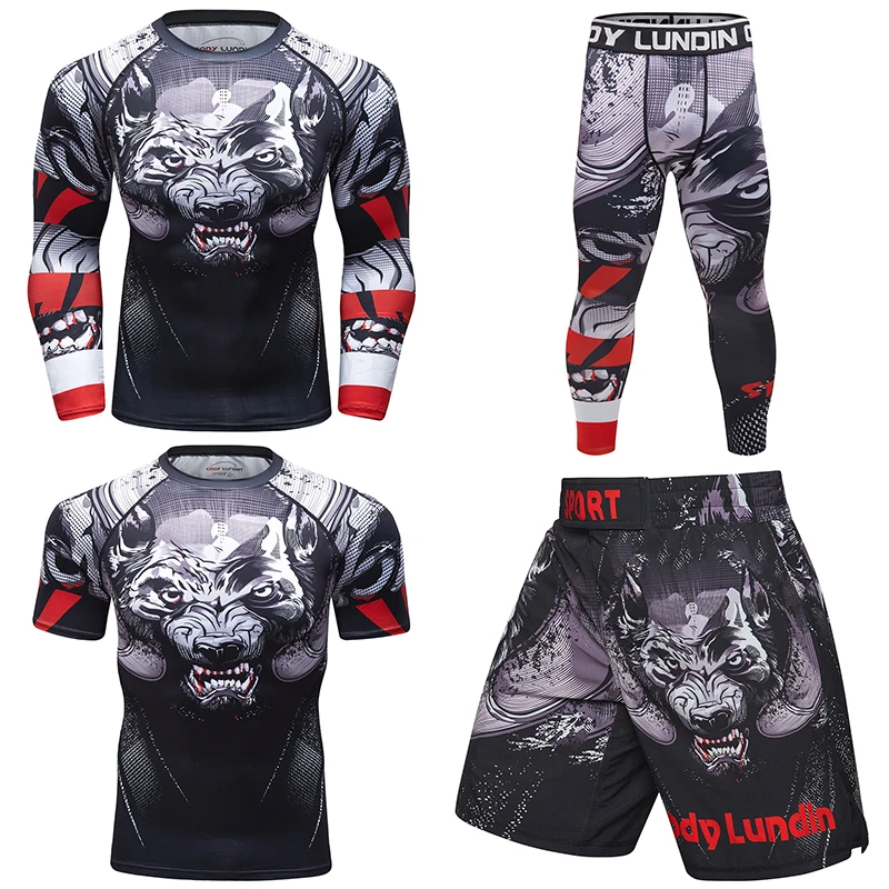 Top Selling Boxing Compression T-shirt Pant Sport MMA Shorts Rashguard Jiu Jitsu Quick-drying Tracksuit Men Adult Rash Guard Set