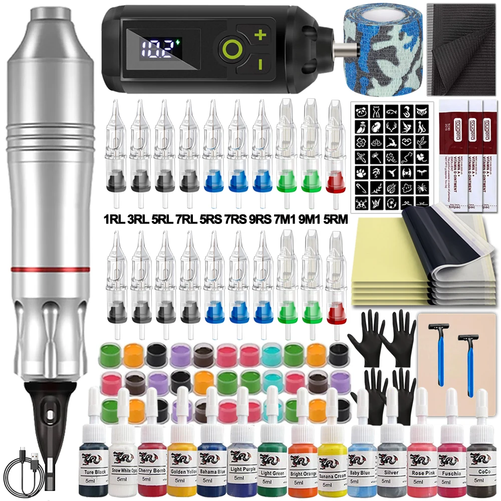 Tattoo Machine Kit Tattoo Pen Machine Set met draadloze voeding Tattoo Cartridge Naalden Inkten voor Tattoo Beginner