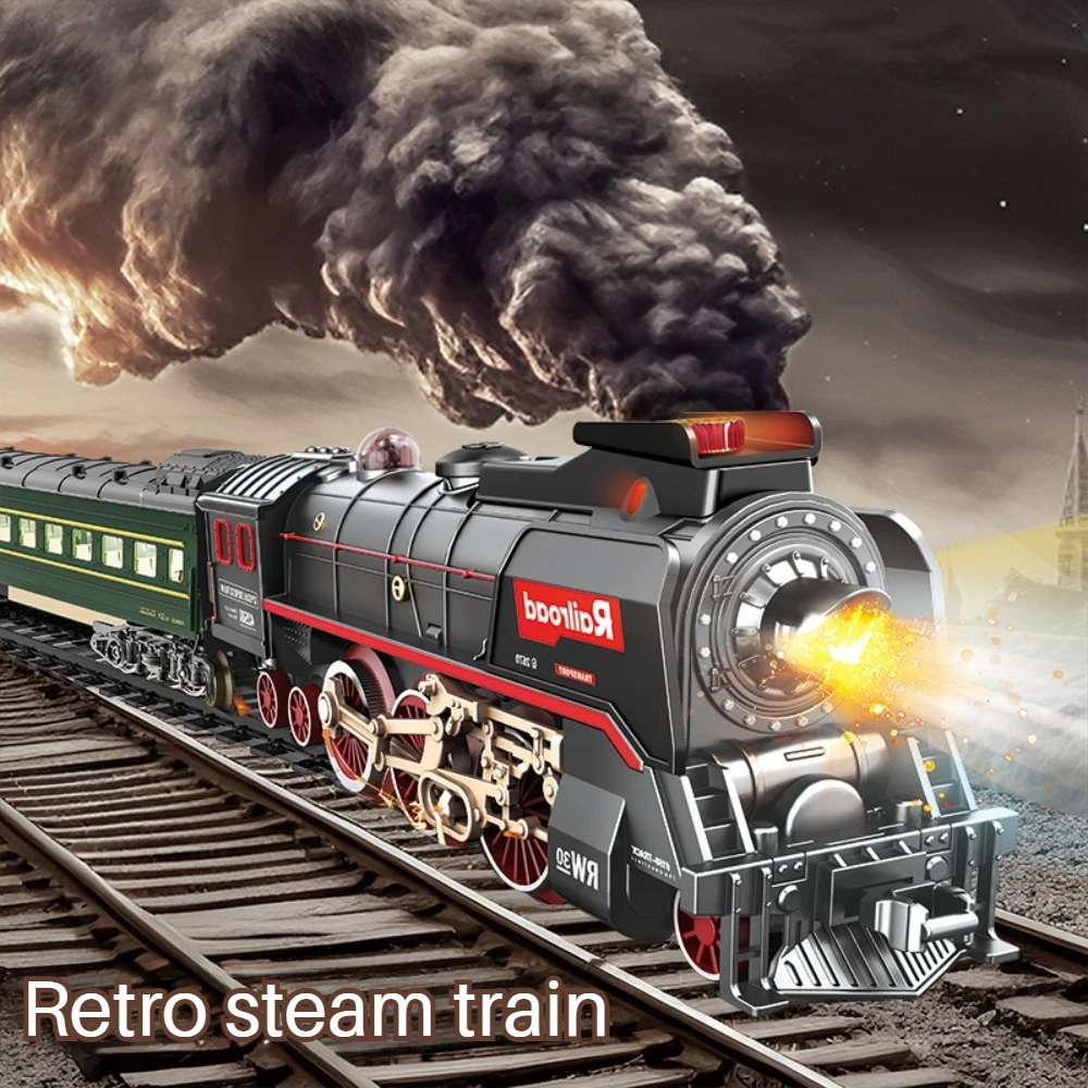 Electric Remote Control Retro Steam Train High Speed Railway Model Can Emit Smoke Railway Train Set Boys Toy Gift