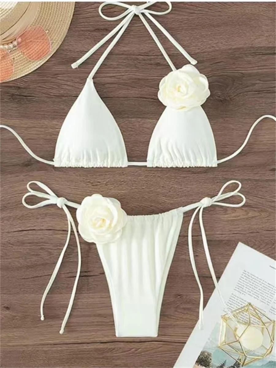 Sexy 3D Flower White String Halter Bikinis 2024 Mujer Swimwear Women Swimsuits Bathing Suit Brazilian Triangle Bikini Set Bather