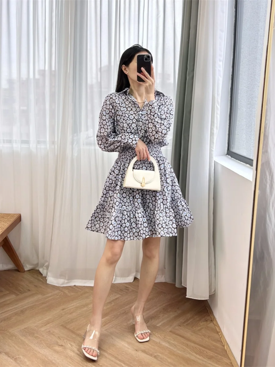 

Elegant fashion 2024 Spring new French romantic print long sleeve waist shirt flared skirt A-line ladies long skirt