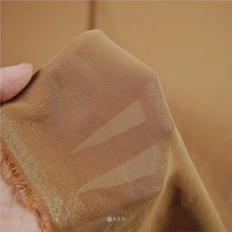 Caramel-colored base with silver foil shiny chiffon and linen fabric shirt dress skirt designer