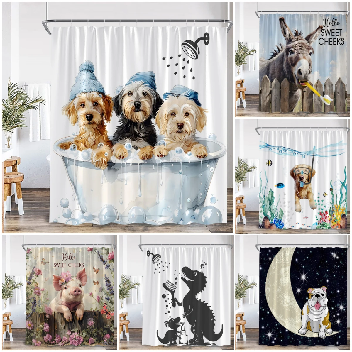 Funny Animal Cartoon Shower Curtain Bathing Dog Farm Animals Farmhouse Bathroom Decor Kid Child Polyester Bath Curtain with Hook