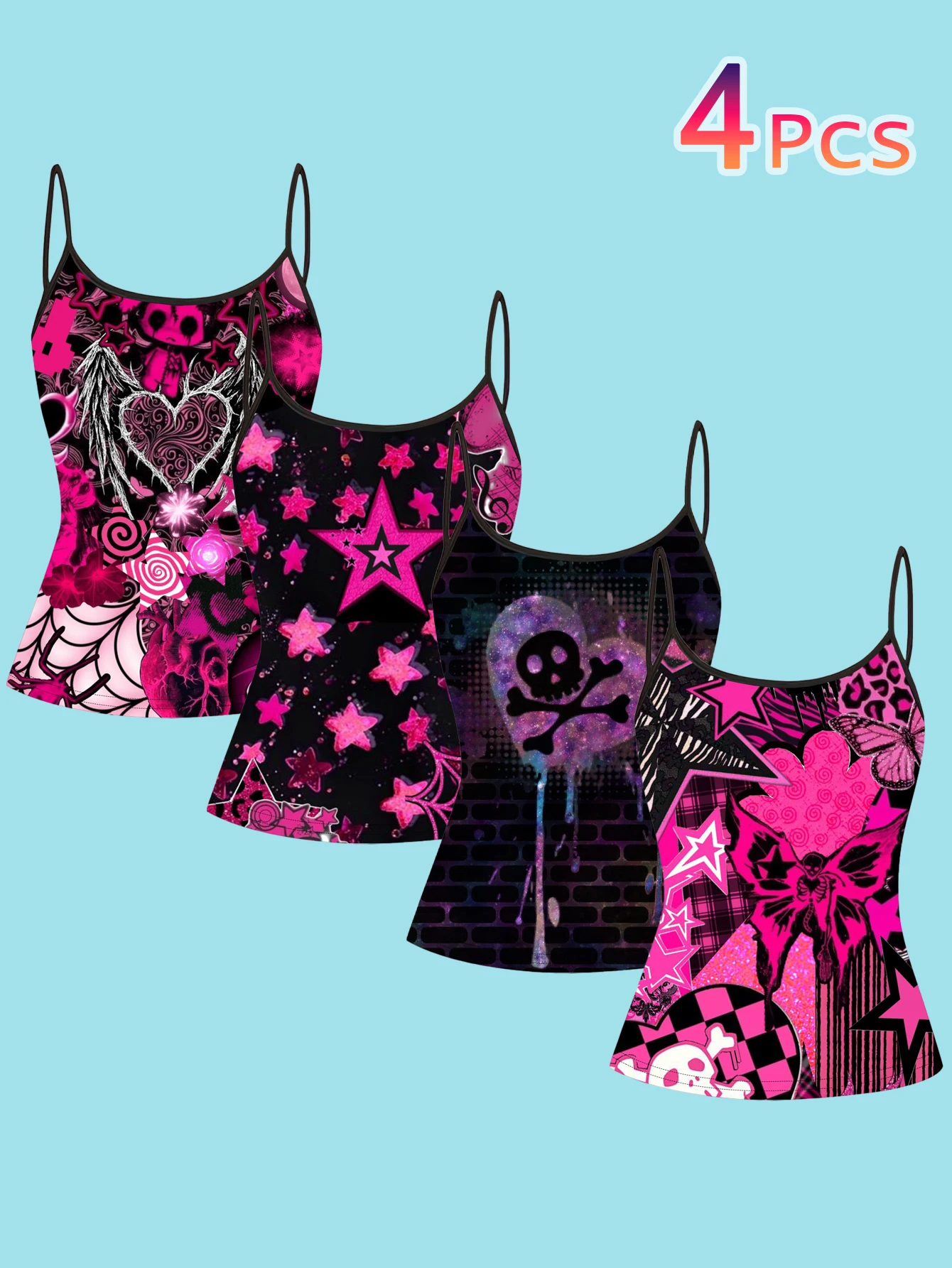 4-Piece Set of Pink and Black Y2K Style Printed Camisoles for Women, Featuring Skulls, Hearts, and Stars, Punk Slim-Fit Spaghetti Strap Tops