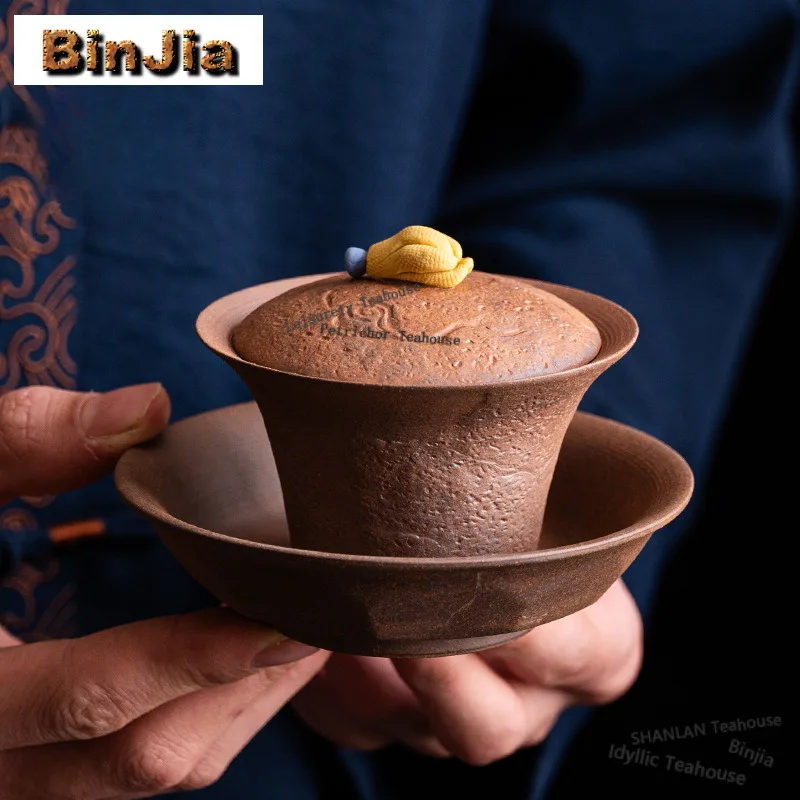 

100ml Old Rock Mud Gaiwan Handmade Cup Saucer Not Hot Tea Tureen Tea Bowl with Lid Kit Tea Maker Cover Bowl Cafes Supplies Gift