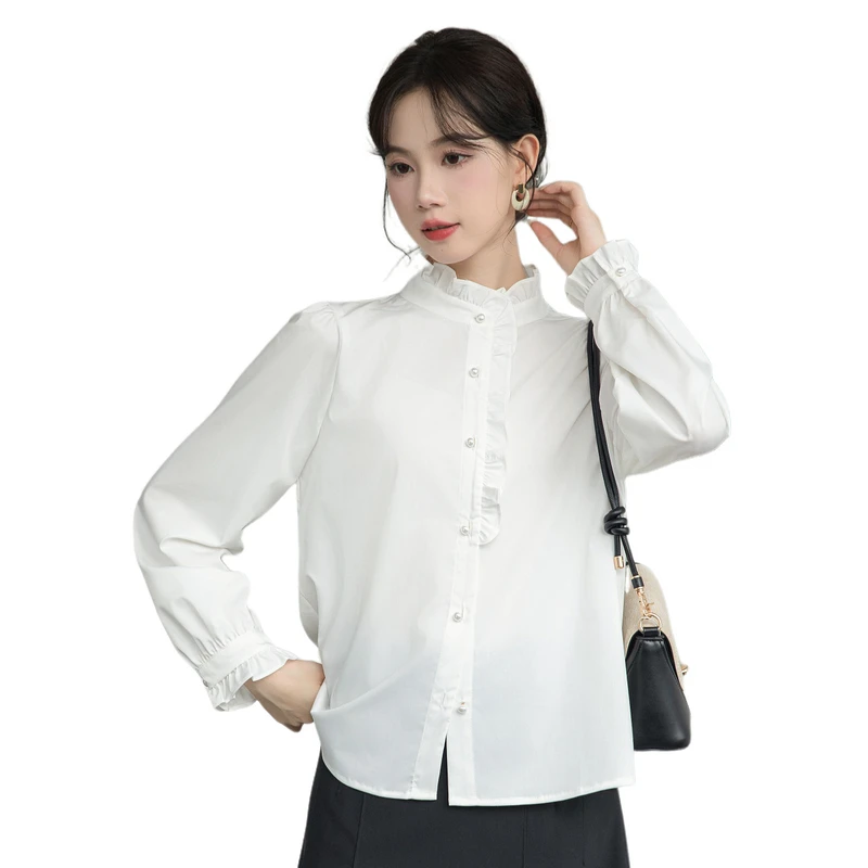 Mode weiß Langarm Stehkragen Frauen Hemd Büro Dame Chiffon Hemd Bluse Frauen Tops Blusas Mujer de Moda a835