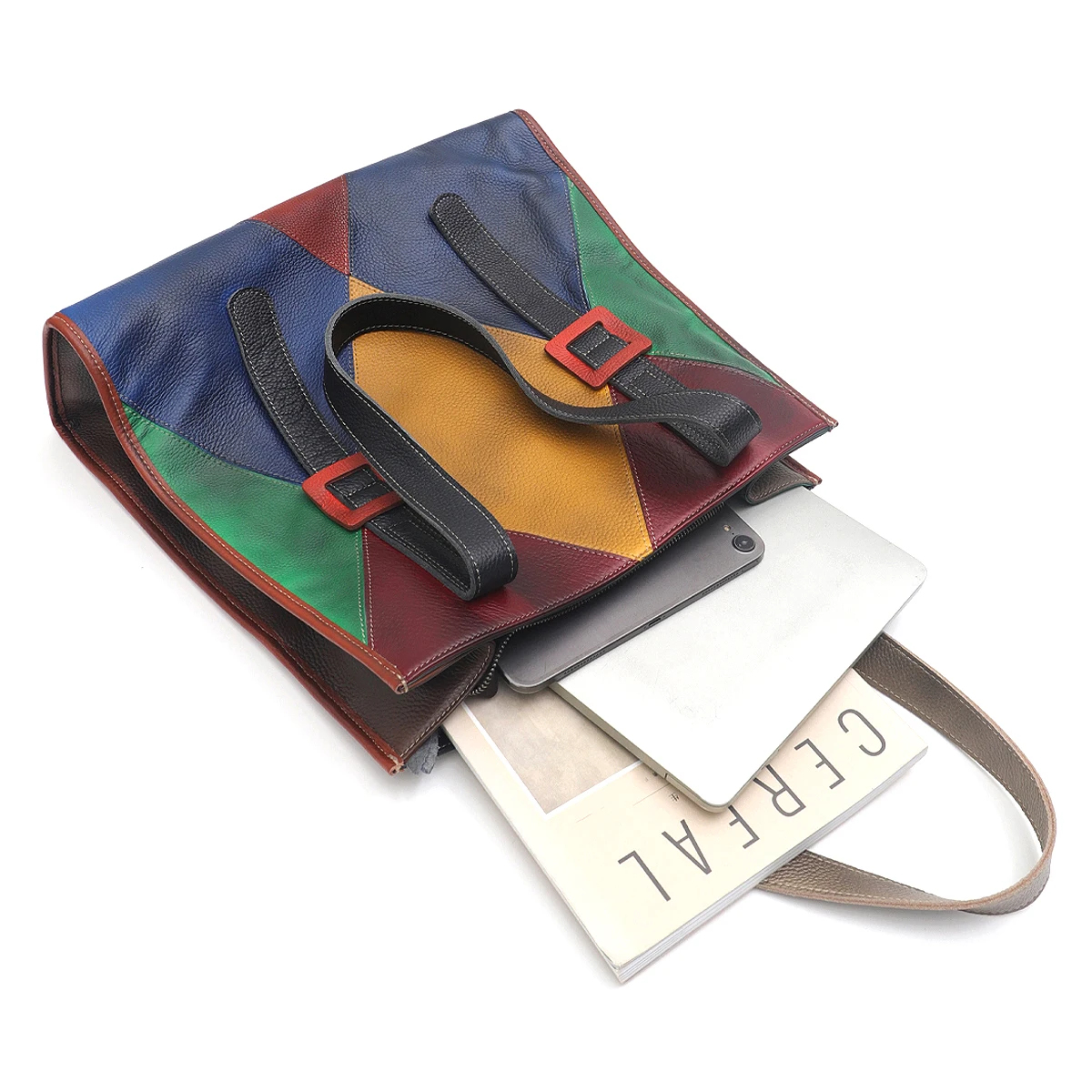 SC Vintage Sprayed Random Color Patchwork Genuine Leather Cowhide Large Capacity Tote fits in 13‘ Laptop Cross body Shoulder Bag image 4