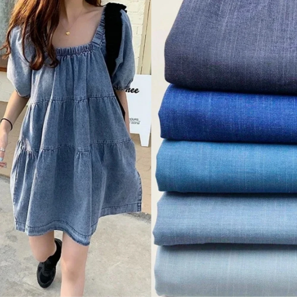 

Stretch Slub Denim Fabric Spring Summer Thin Wide Leg Pants Dress Wash Free Clothing Design Sew Cloth Fashion Wholesale Material