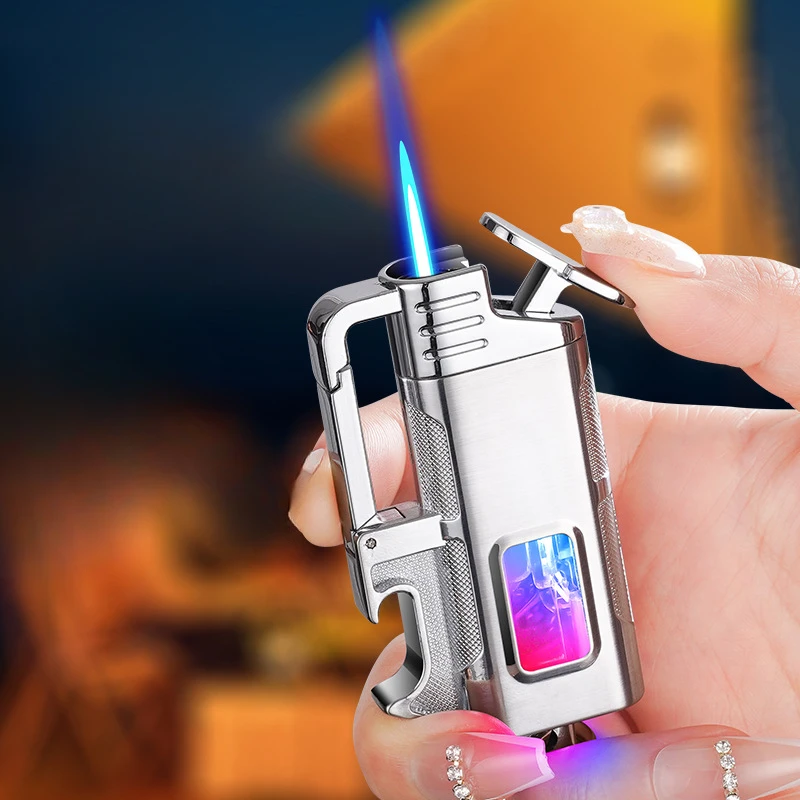 Metal Multi Functional Keychain Windproof Jet Blue Flame Gas Lighter Outdoor Bottle Opener LED Transparent Window Cigar Lighters