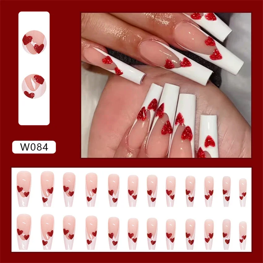 

24P/set Extra Long Ballet False Nails White Red Glitter Love Fake Nail Artificial Acrylic Removable Reusable Press On Nails Art