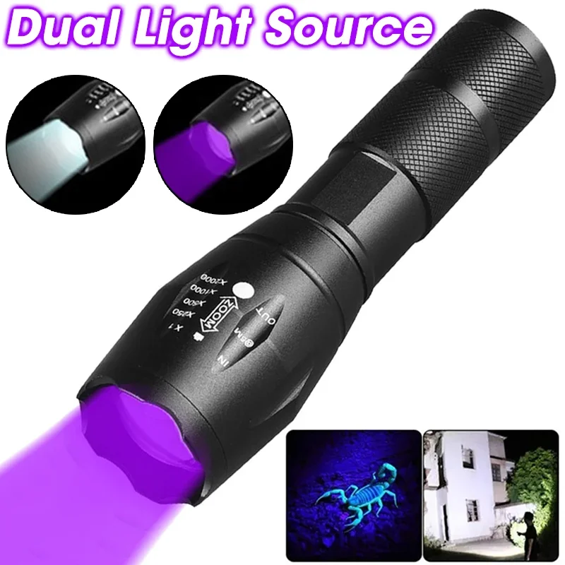 Linterna con Zoom de doble fuente de luz, lámpara LED púrpura, detección de billetes, lámpara ultravioleta UV de escorpión, detección fluorescente