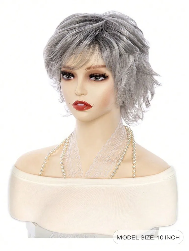 Peruca sintética feminina cinza curta encaracolada com corte pixie em camadas de 10 polegadas