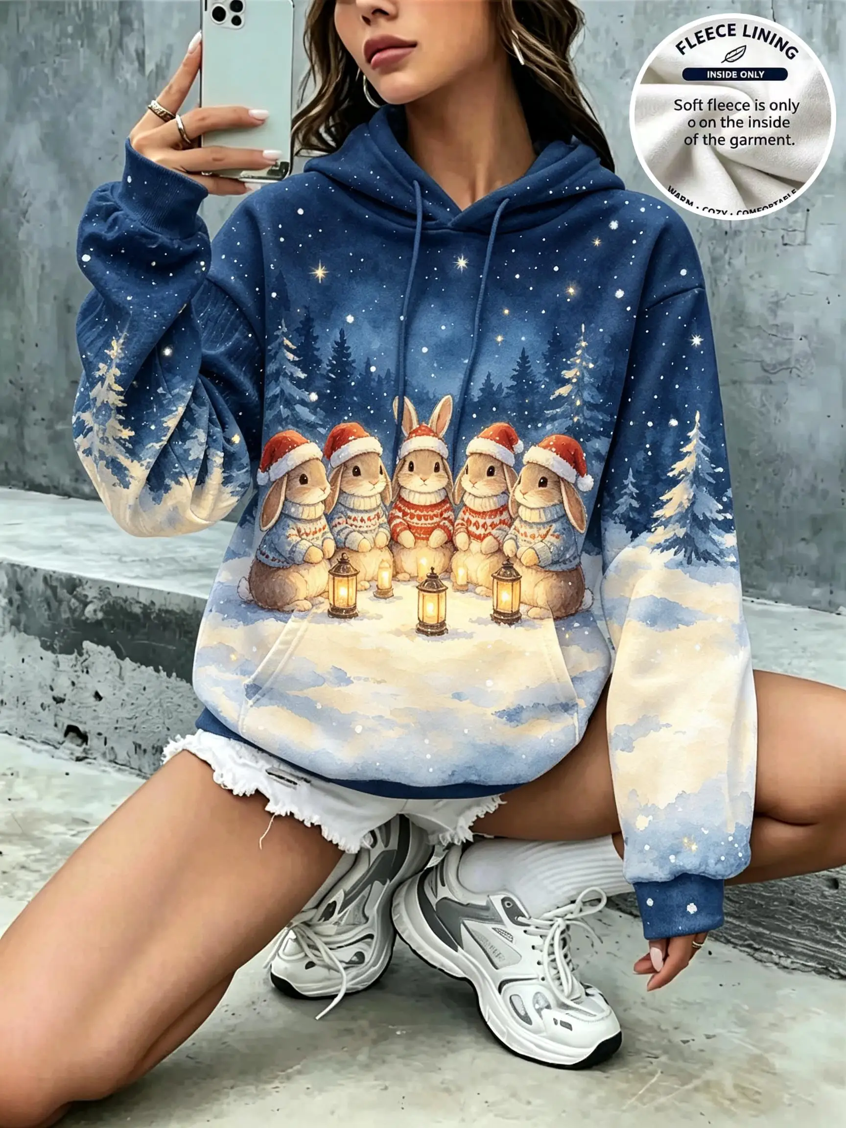 Women Christmas Five Foxes Santa Hat Scarf Forest Night Gradient Fleece Hoodie Pocket Sweatshirt