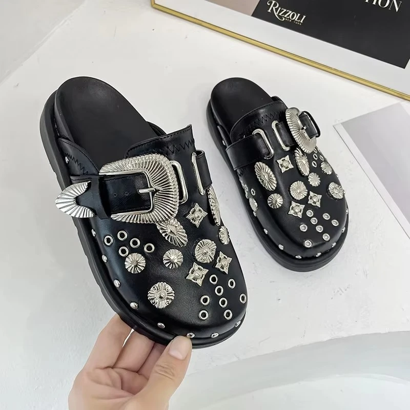 Metal Fittings Casual Party Shoes Female Outdoor Slides Summer Women Slippers Flat Platform Rivets Punk Leather Mules