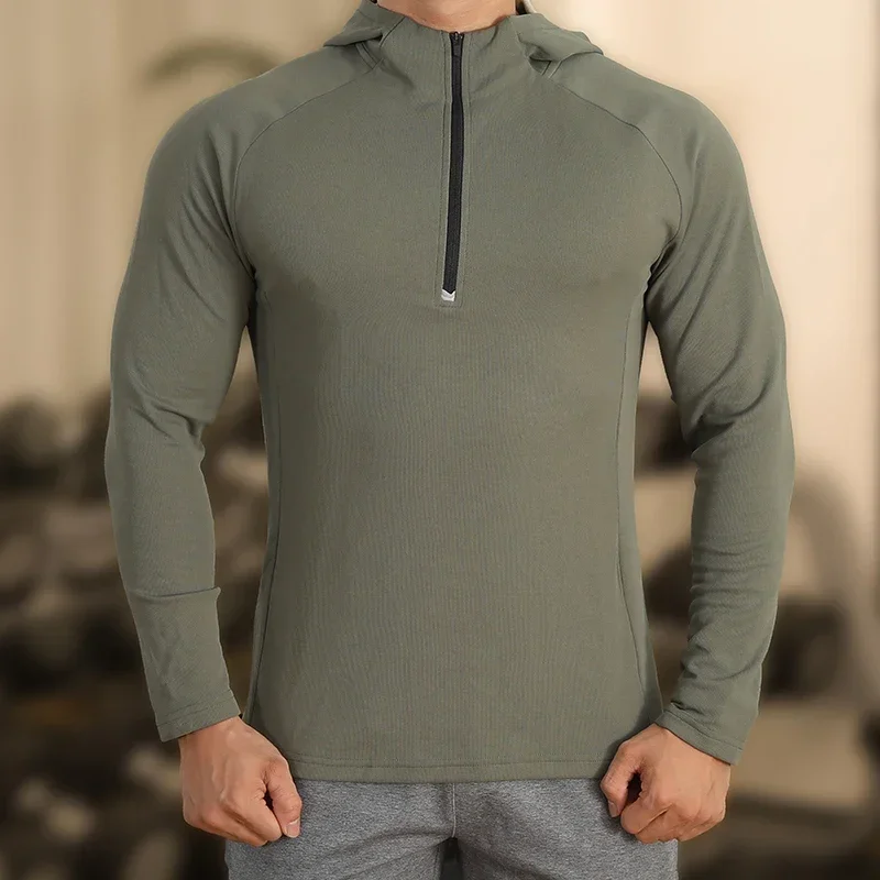 Men Outdoor Running Hoodies Fitness Sport Hooded Shirts Golf Half Zip Tops Workout Outer Clothing Male Cottony Sweatshirt