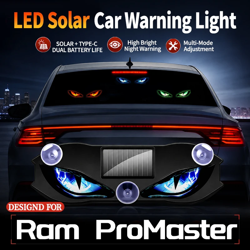 Fits For Ram ProMaster Car LED Solar Devil Eye Warning Flash Light Triangle Dynamic Wireless Window Strobe Decorative Light