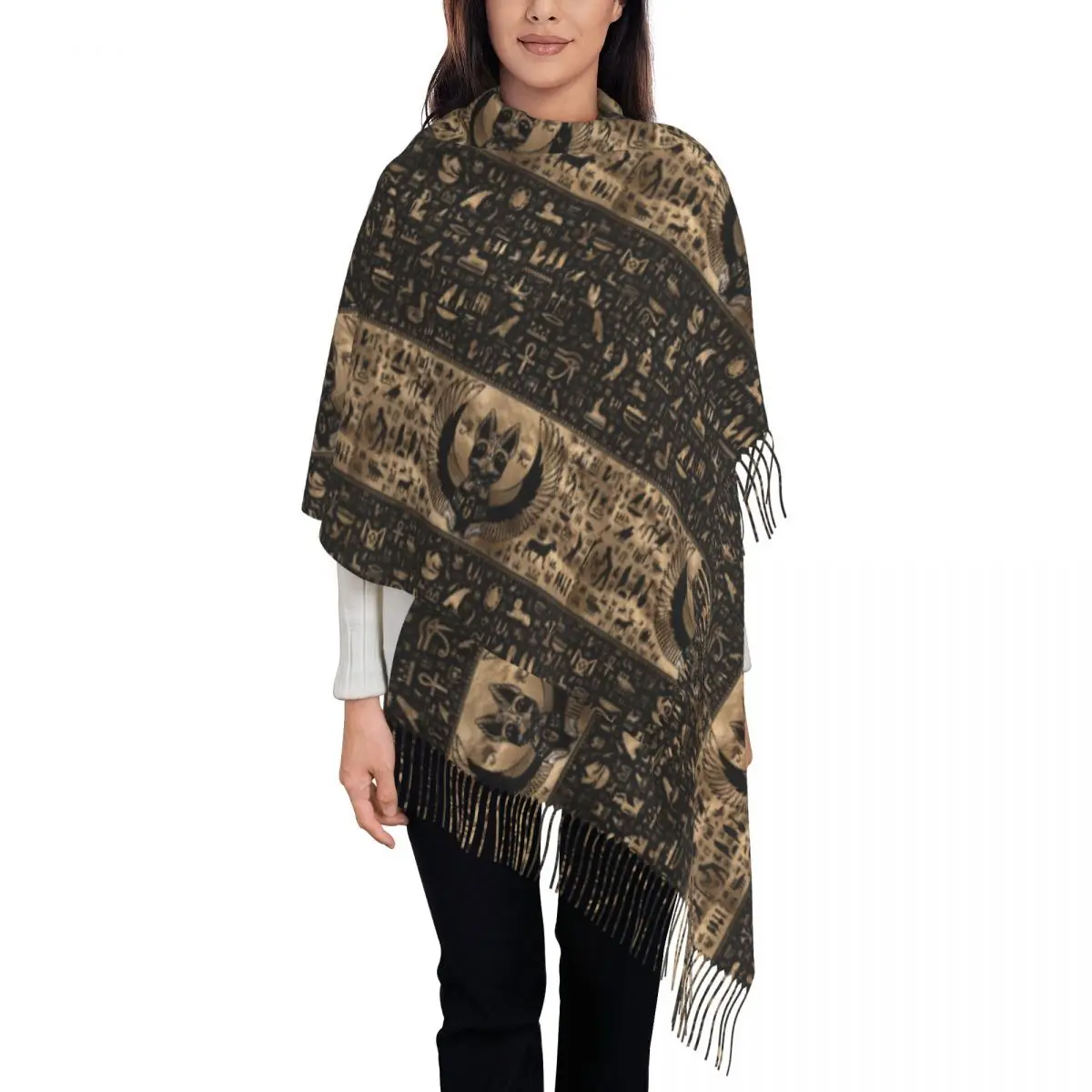 Fashion Egyptian Cat Goddess Bastet Tassel Scarf Women Winter Fall Warm Shawl Wrap Female Ancient Egypt Symbol Scarves