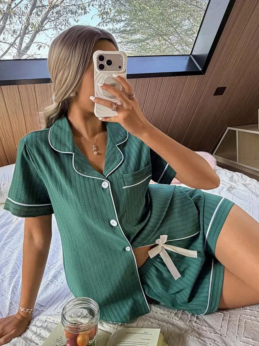 Green Contrast Trim Bow Lapel Short Sleeve Pajama Set For Women