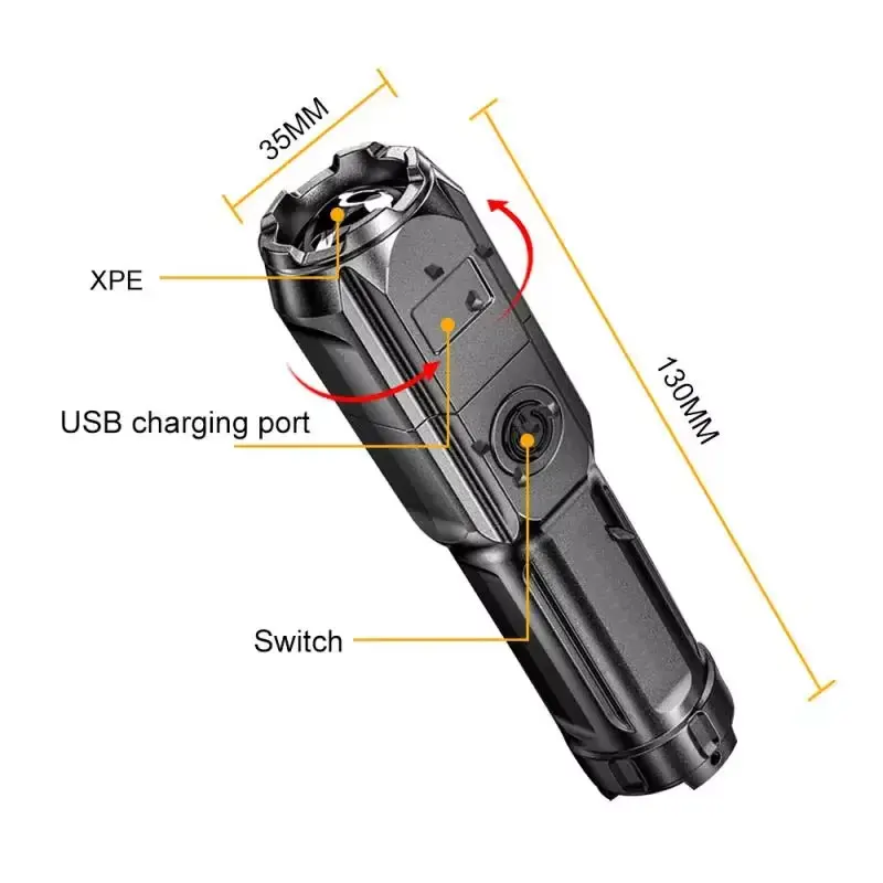 4 Lighting Mode Strong LED Flashlights Telescopic Zoom Tactical Torch USB 18650 Portable Spotlight Long-Range Camping Flashlight