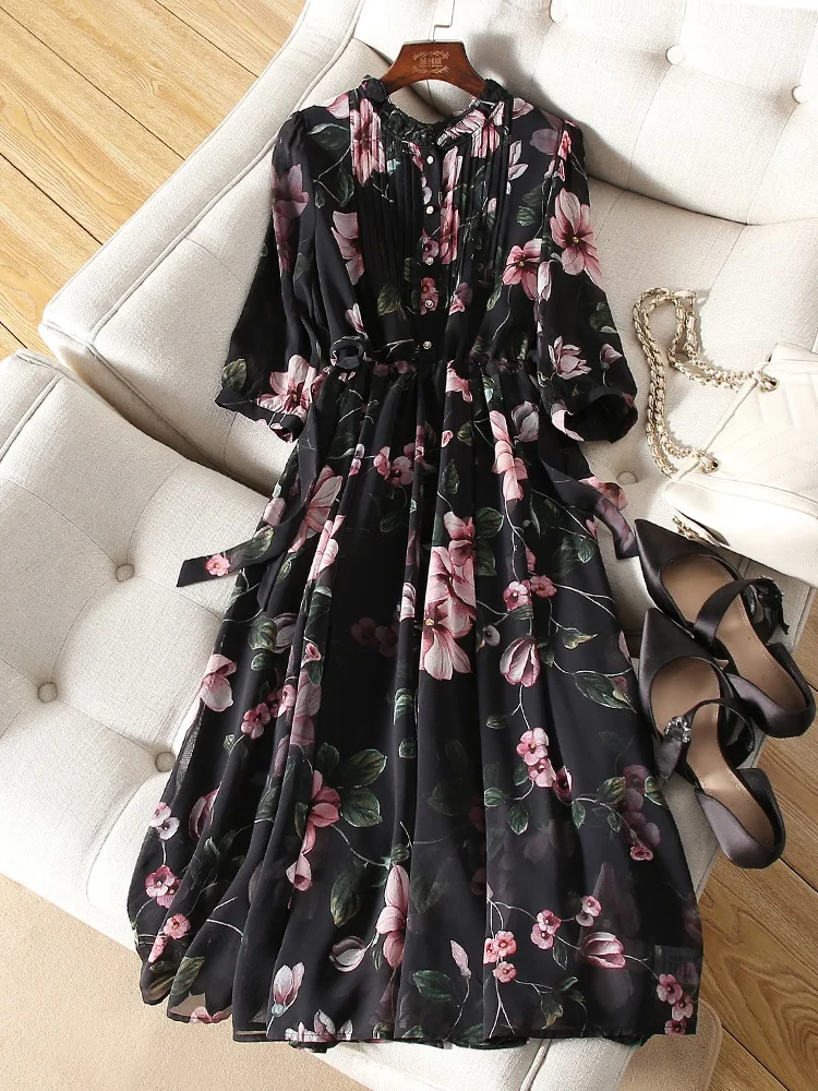 High Quality Printed Real Silk Long Dress Women's Summer Lace-up Half Sleeve Loose Temperament A- line Midi