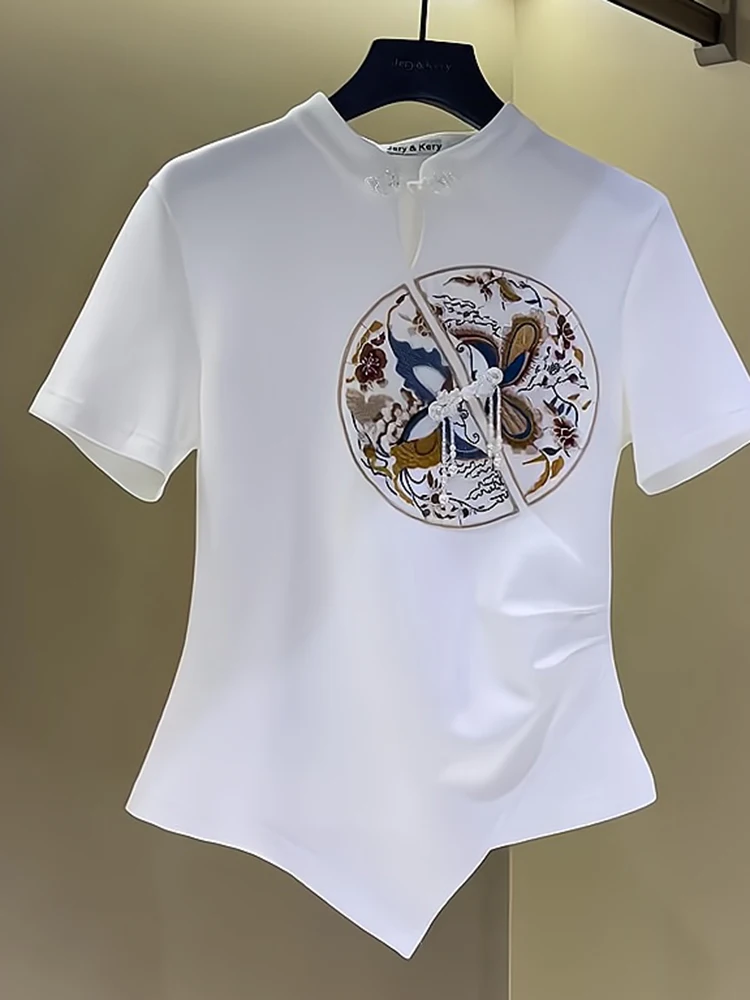 

Весенняя женская футболка с коротким рукавом, китайским дизайном, вышивкой и асимметричным подолом, приталенная, в корейском стиле, из обычной ткани