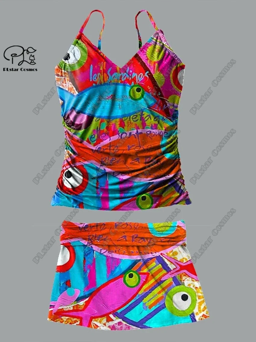 Femmes V-cou été petit frais imprimé floral poisson jupe à bretelles style deux pièces maillot de bain costume vacances nouveau maillot de bain Y-4