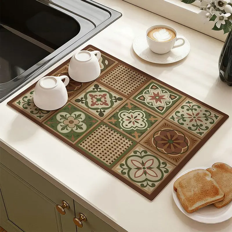 VIKAMA Bohemian-Style Placemats, Floral Tile-Patterned Non-Slip, Absorbent Mats, Kitchen Countertop and Home Decor