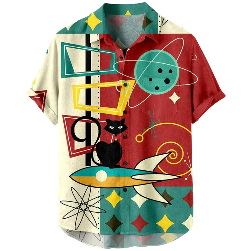Men Black Cat Printed Casual Short Sleeve Shirts Adult Button Down Summer Beach Hawaiian Shirt Men's Fashion Clothing Top view 3