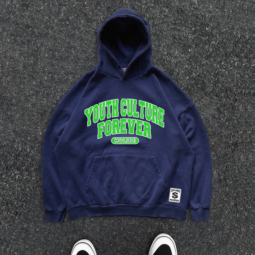Unisex Cotton Hoodie Large Loop Design Letter Couple Matching American Retro University Hoodie Loose Fit Youth Fashion