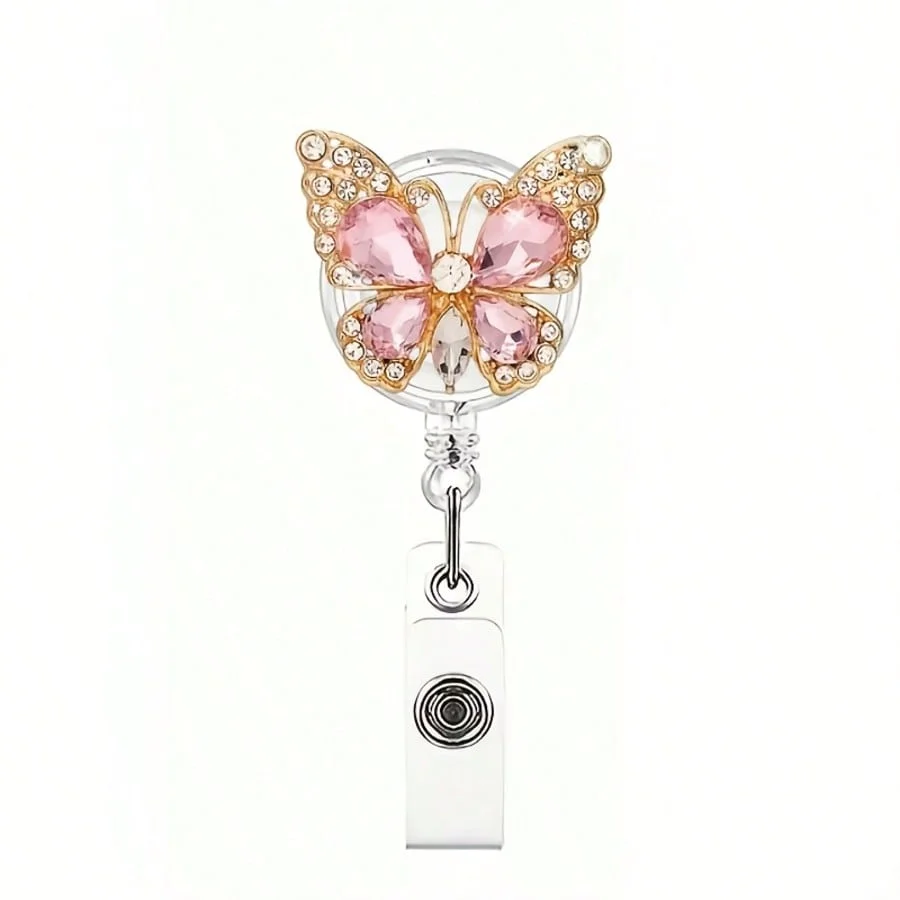 1個の手作りエレガントなラインストーン蝶ネクタイバッジリール、金属クリップ付き、看護師/オフィス/企業/イベント用