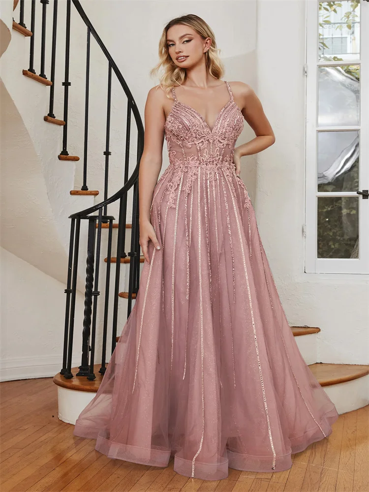 

Gorgeous Off Shoulder V Neck Applique Tulle Prom Dress Elegant Open Back Sweep Train Embellished With 3D Floral Party Gowns 2024