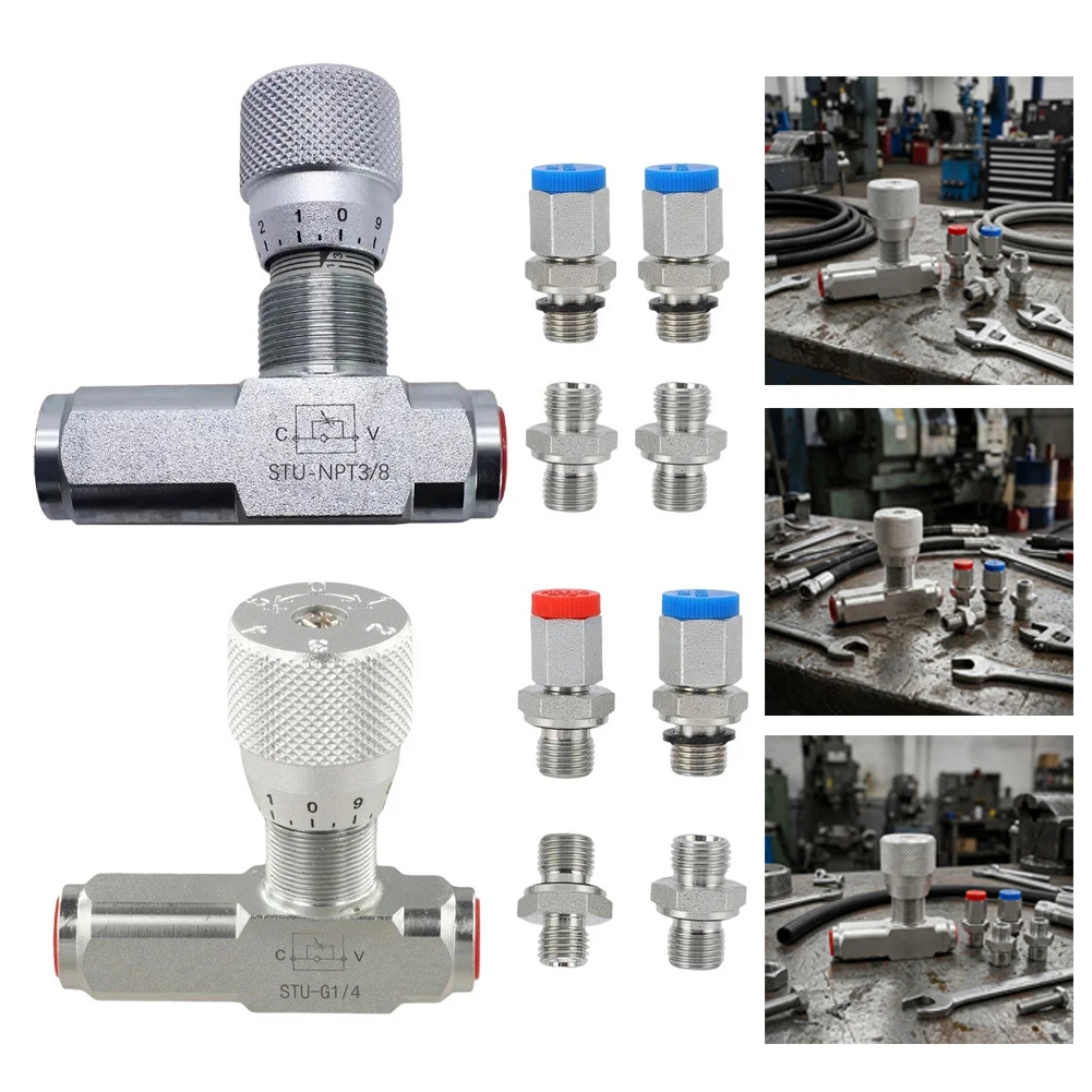 Adjustable Hydraulic Flow Control Valve For G1/4 Thread One-Way Check Valve For High Pressure Fluids Includes 4 Adapters