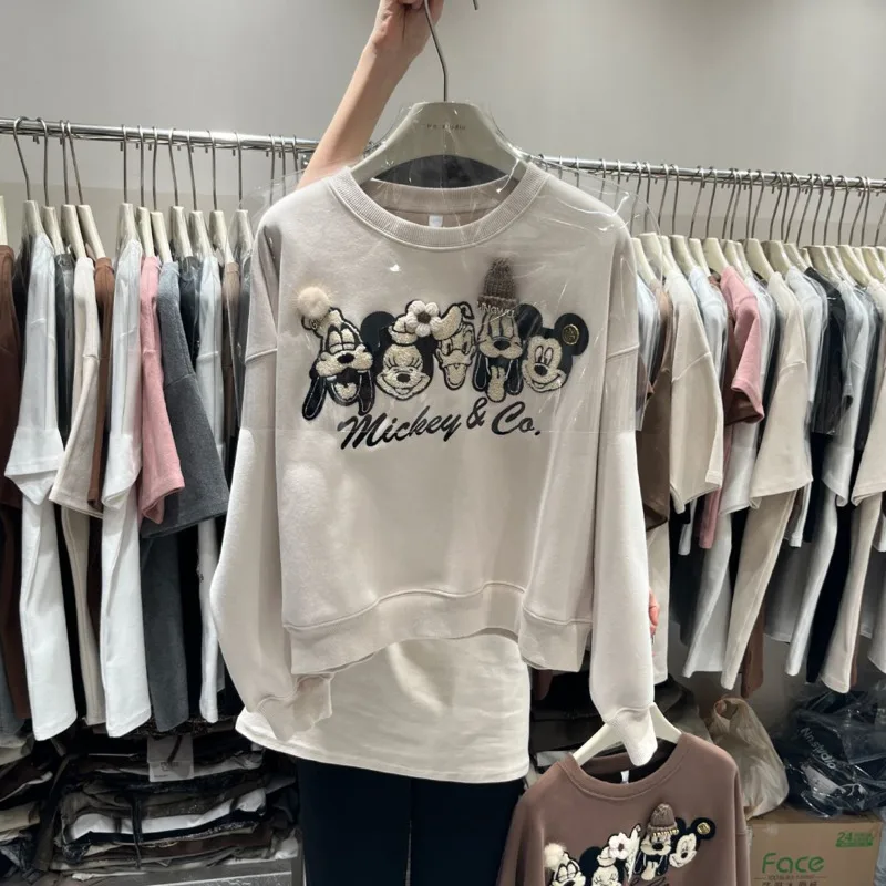 Embroidered Disney Mickey Sweatshirt Round Neck Kawaii Women Pullover Female Cartoon Fashion Y2k Tops For Girls