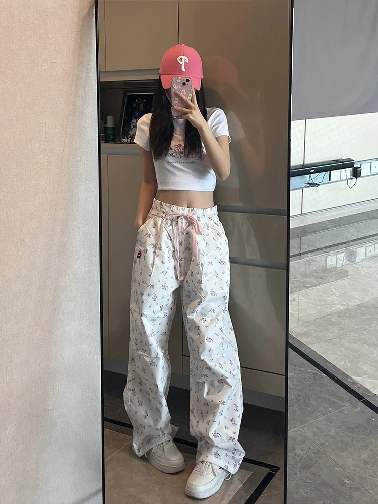 Białe spodnie z szerokimi nogawkami damskie letnie cienkie luźne proste spodnie w stylu casual mały rozmiar odzież robocza spodnie sportowe spodnie z wysokim stanem długie spodnie