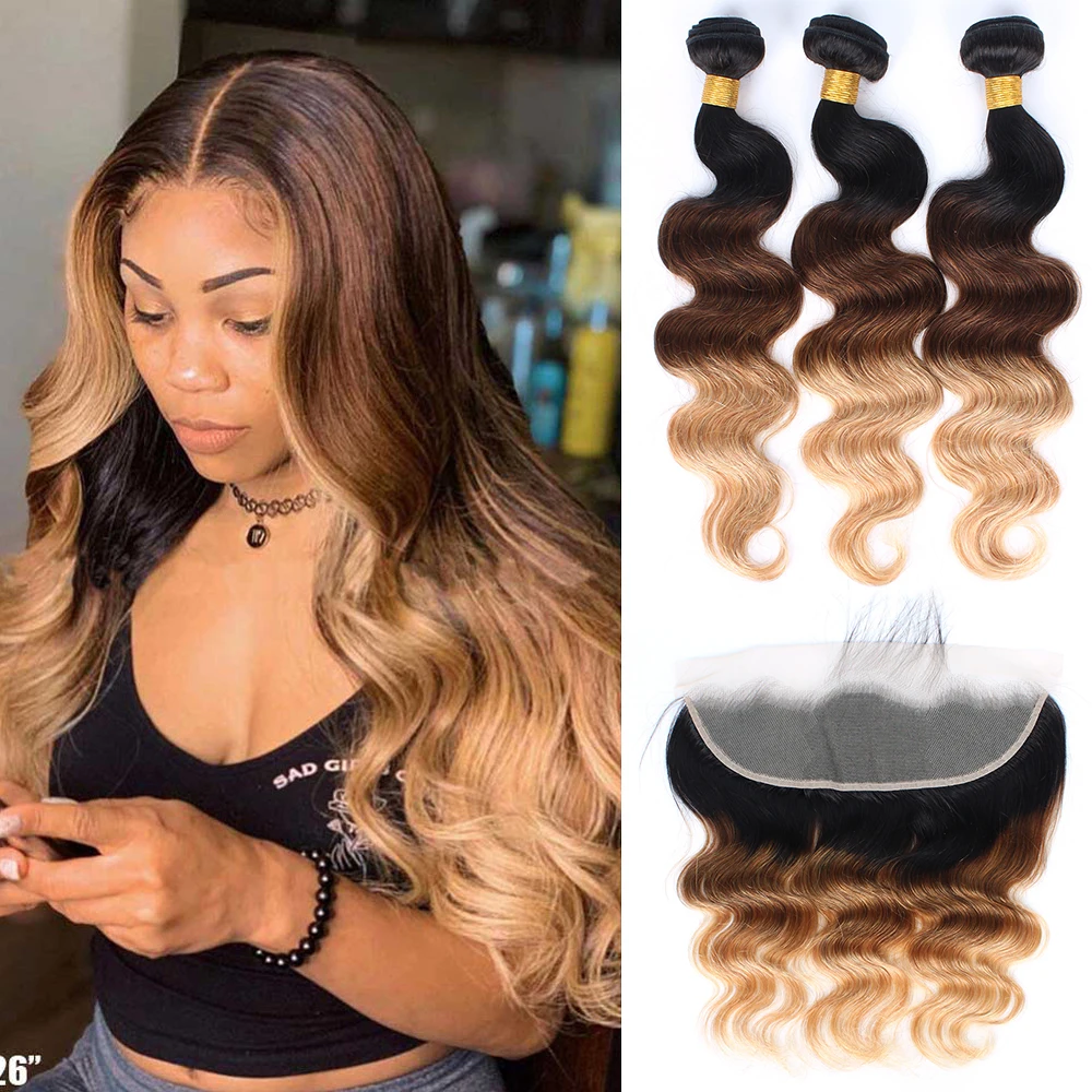 Bundles With Frontal Body Wave Human Hair Extensions Ombre Brazilian Human Hair Bundles Blonde Brown Remy Hair On Sale Clearance